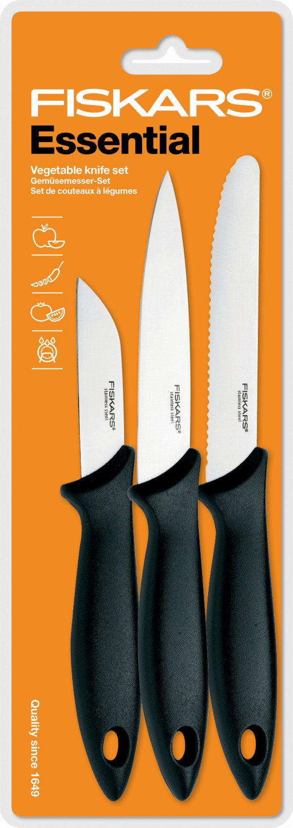 Fiskars Essential Vihannesveitsisetti Ruostumaton Teräs Musta 3 Kpl